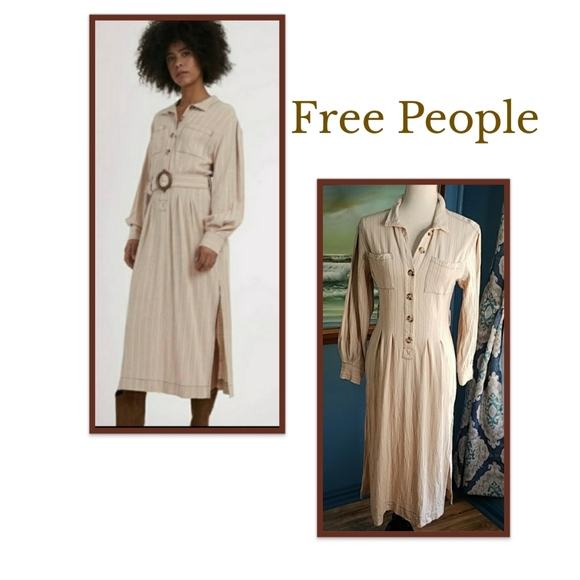 Free People Dresses & Skirts - Free People Audrey Linen Blend Striped Midi Shirt Dress